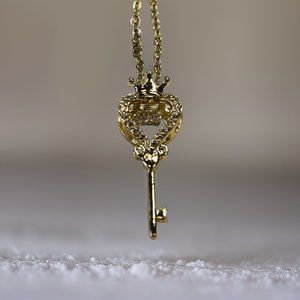 Gold King's Key with 1.5 ct Zircon Round Cut Floater Pendant Necklace